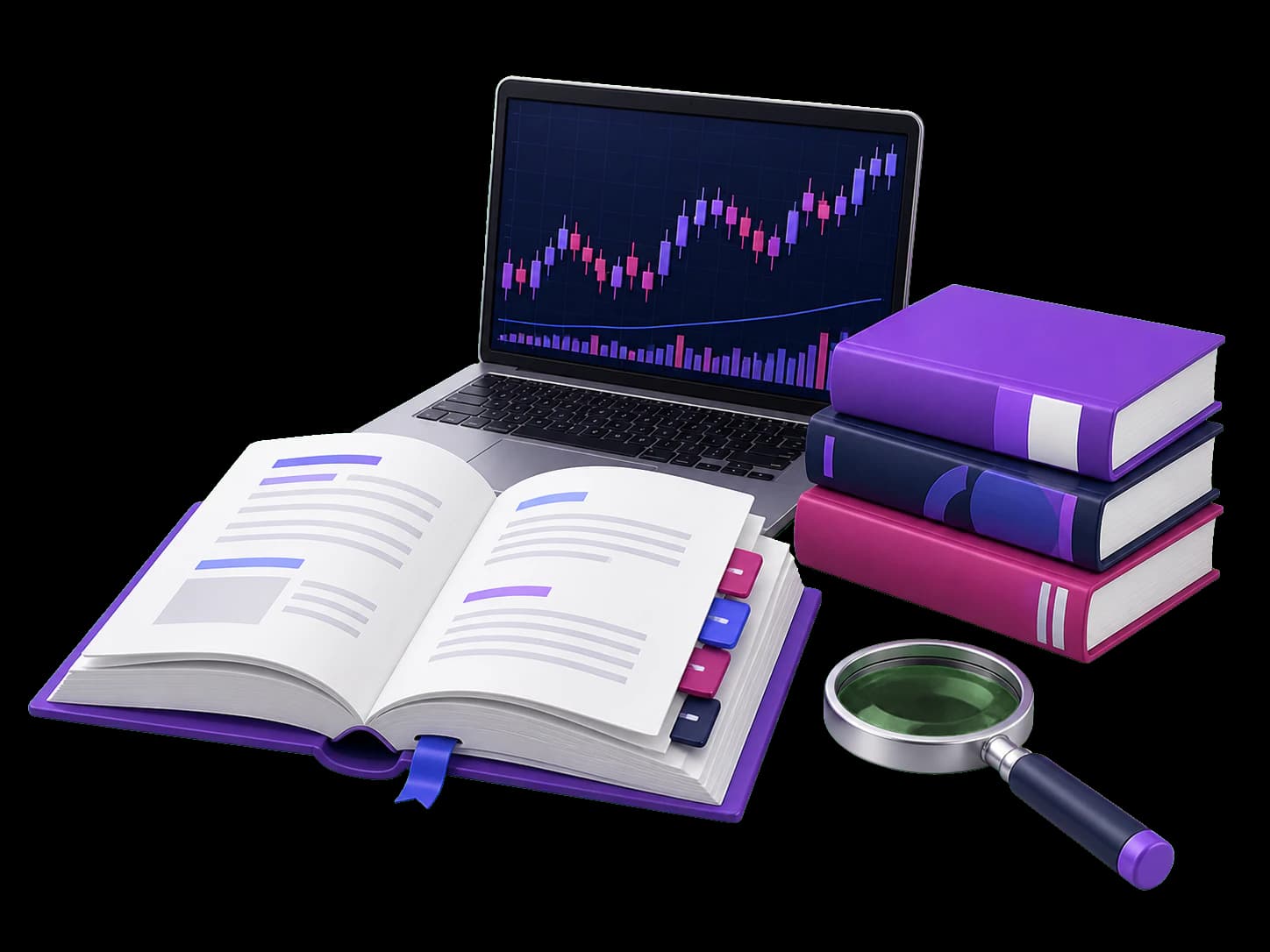 Buku glosarium, laptop grafik pasar, dan kaca pembesar