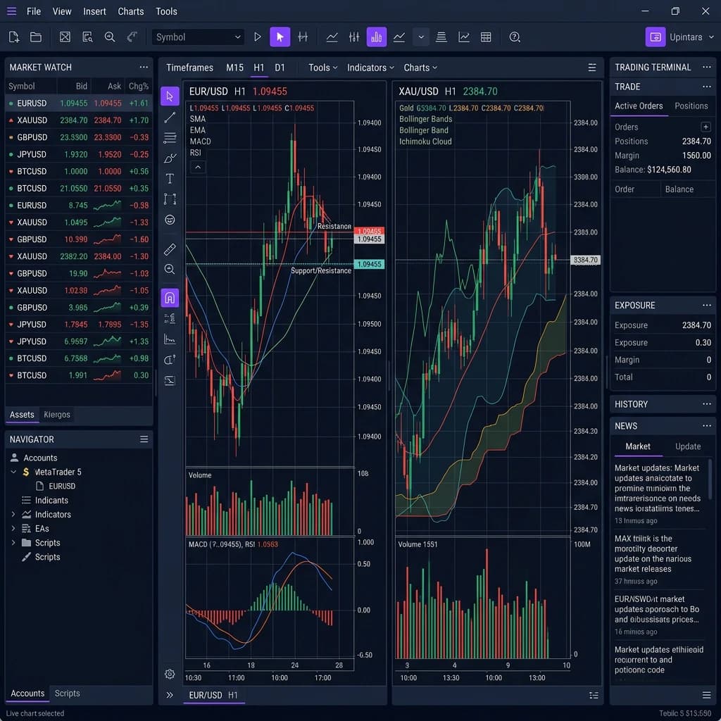 Tampilan platform trading dengan grafik dan daftar instrumen