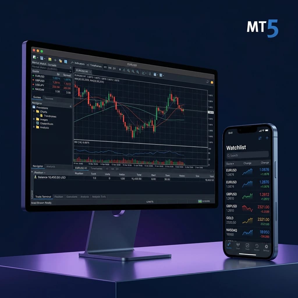 Tampilan platform MetaTrader di desktop dan perangkat seluler